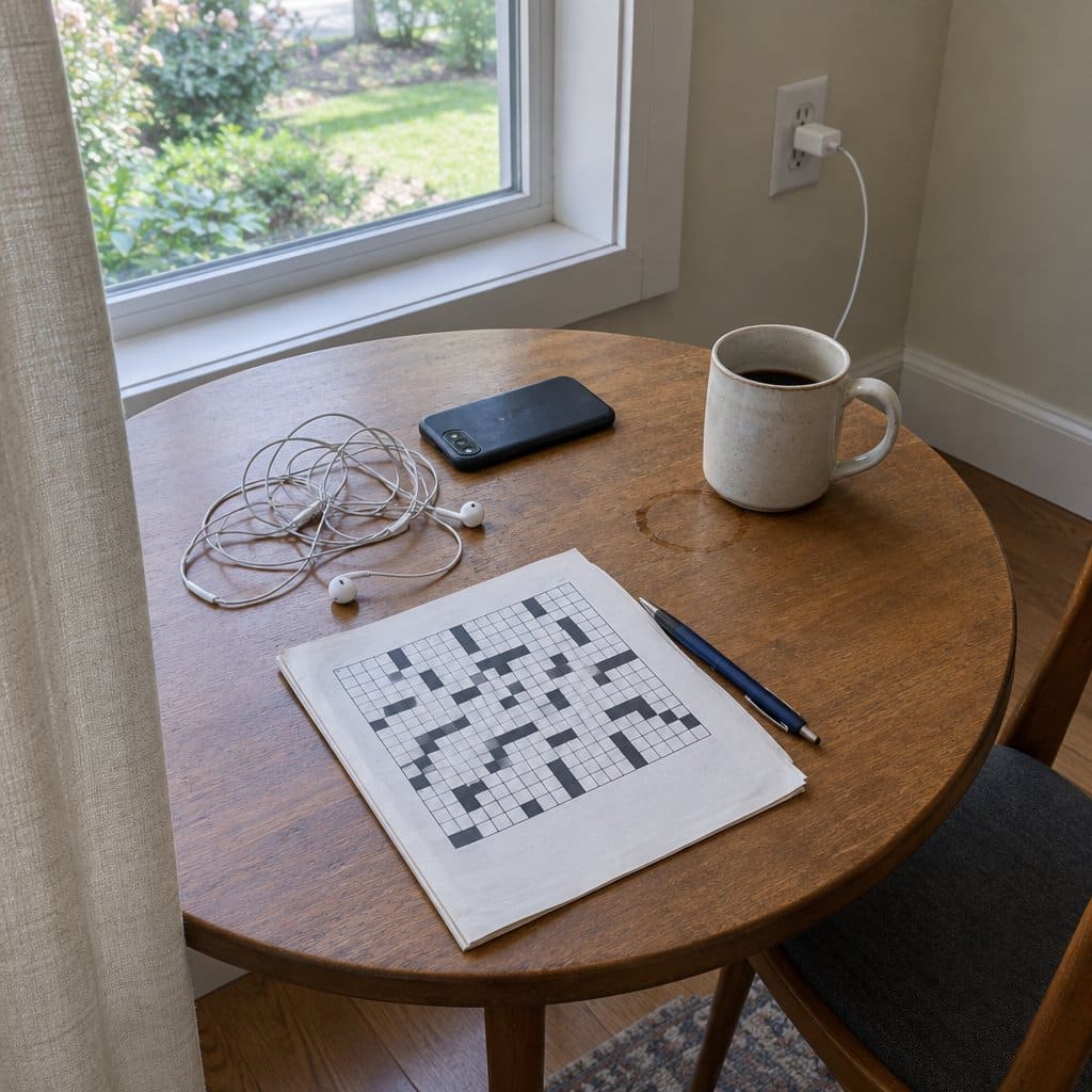 Tangled wired earbuds and a charging cable on a table beside a phone and crossword