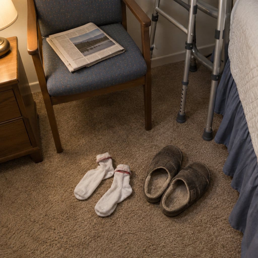 Pair of white socks with a visible cuff mark on a bedroom floor next to slippers and a walker