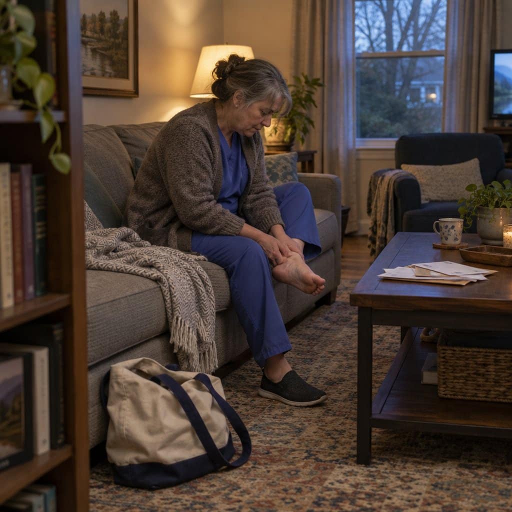 A tired woman in scrubs sits on a sofa rubbing her sore foot after a long day.