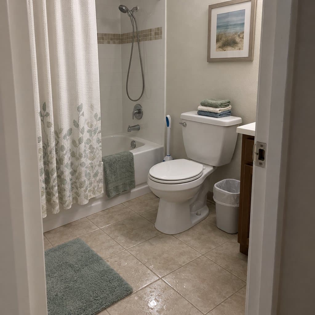 Bathroom with a long-handled tissue wand by the toilet and a handheld shower hose in the tub