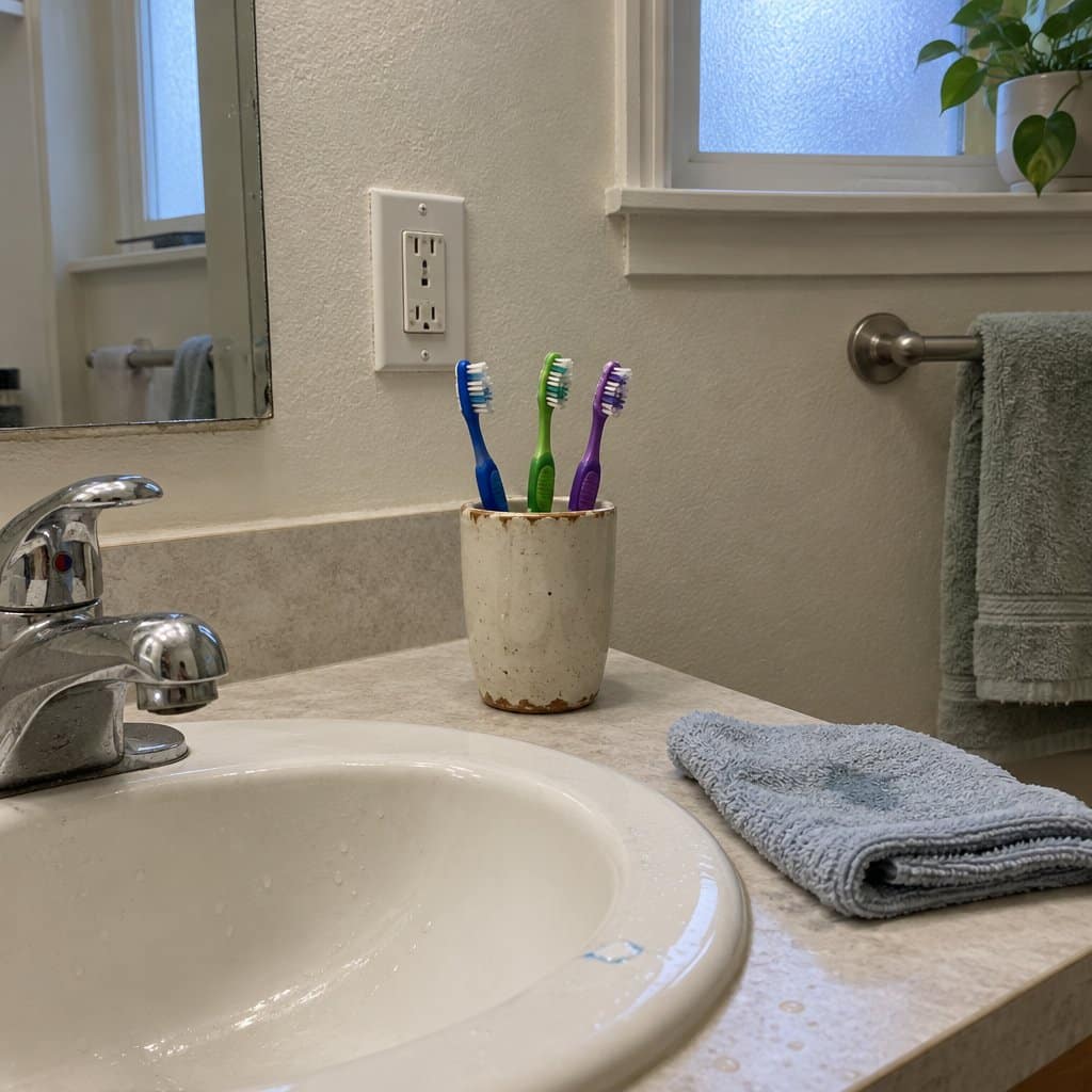 Several manual toothbrushes with thick handles in a cup on a bathroom counter