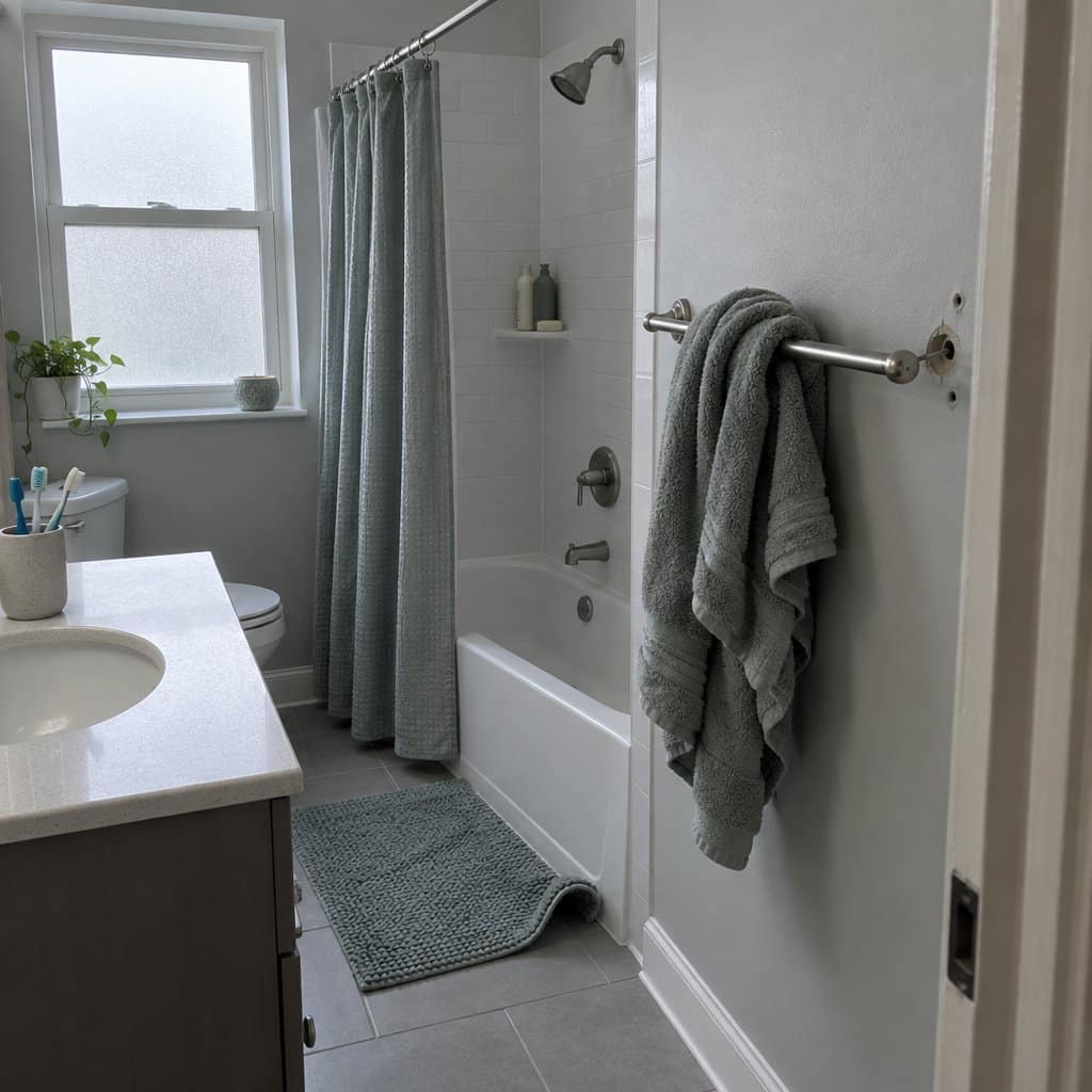 Loose towel bar with bunched towel pulling away from a bathroom wall beside a shower