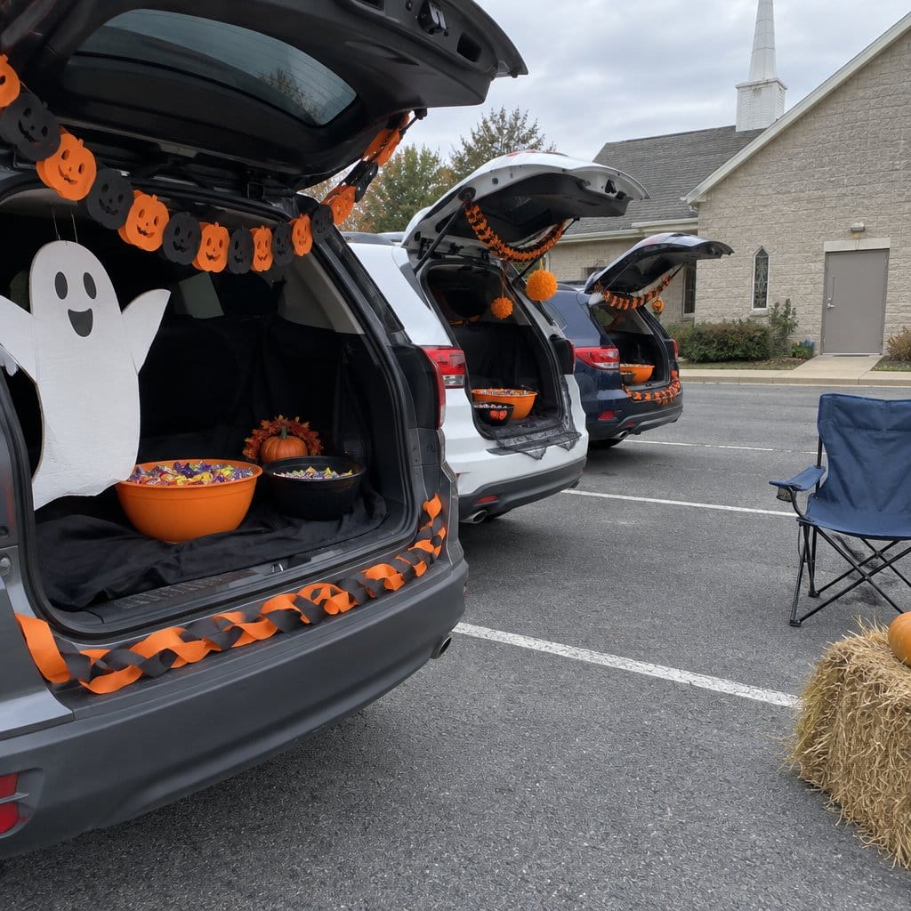Decorated open car trunks with candy bowls in a church parking lot