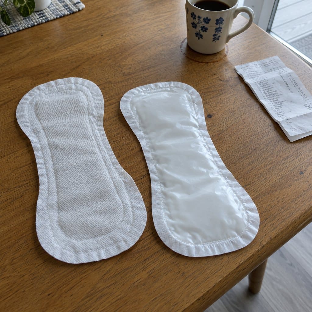 Two incontinence pads lie flat on a kitchen table with undersides facing up, one with a fabric texture and one with a smooth shiny surface, a coffee mug and grocery receipt nearby
