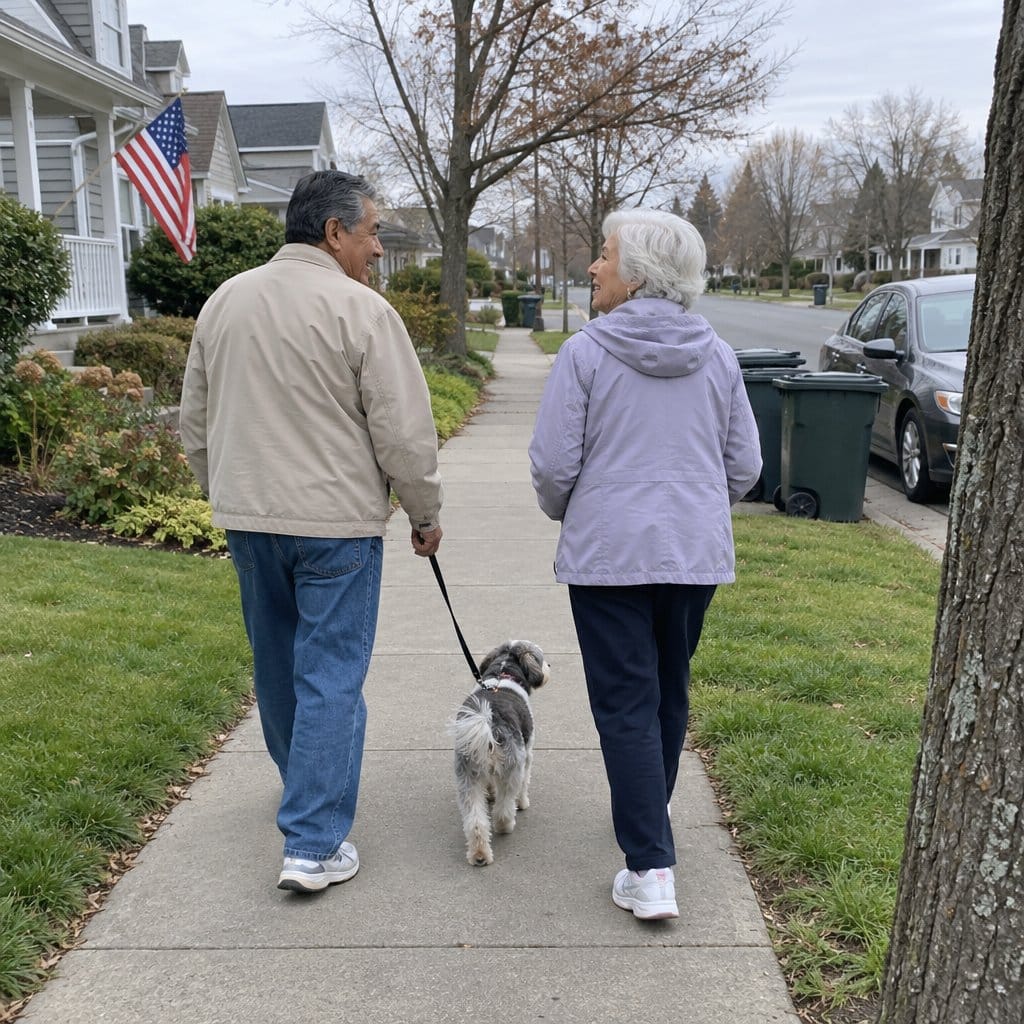 Two older neighbors walking together on a residential street with a small dog