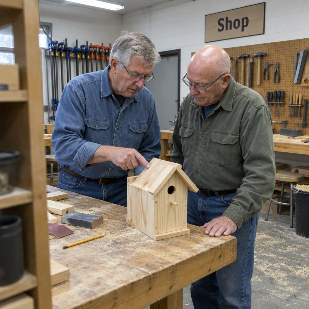 Two older men at a woodworking bench in a community workshop looking at a birdhouse