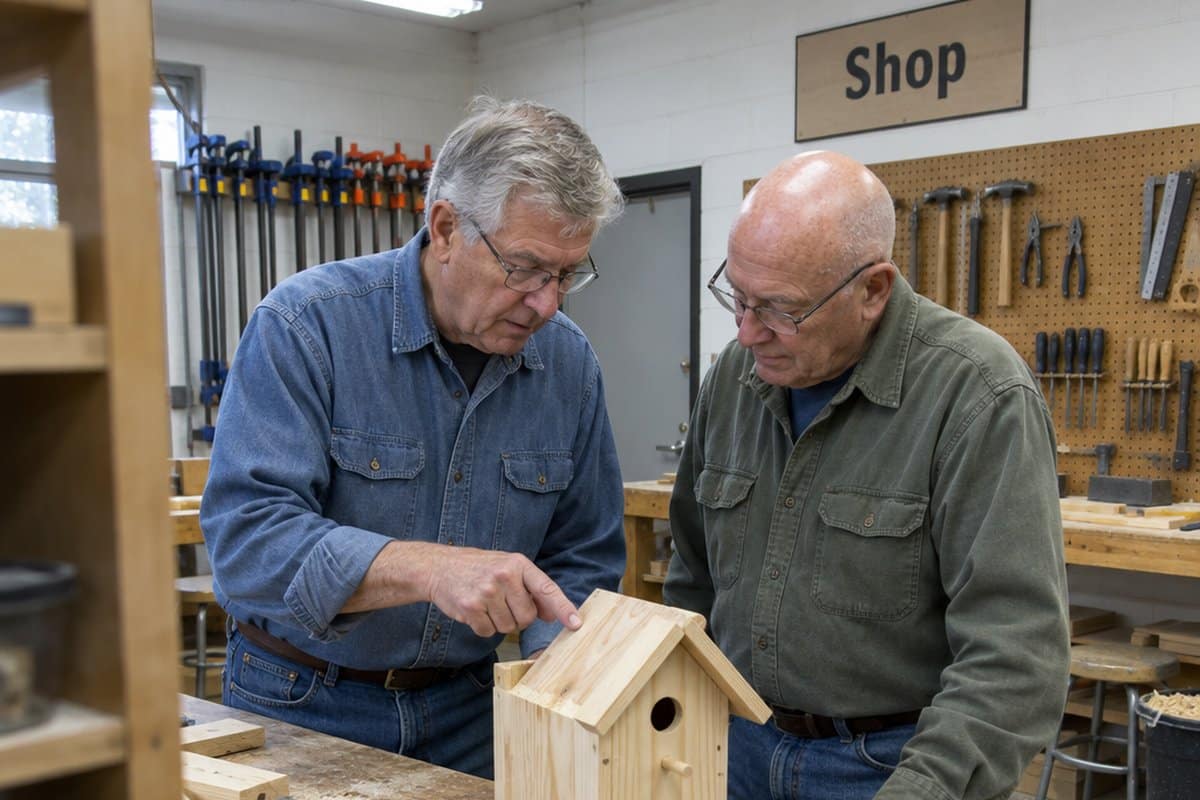 Two older men at a woodworking bench in a community workshop looking at a birdhouse