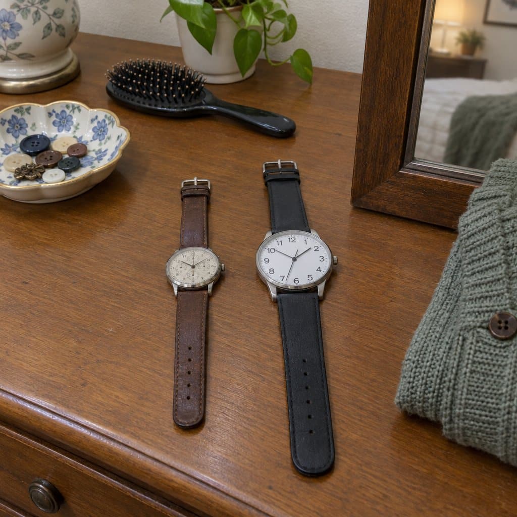 Two wristwatches on a dresser, one with a small busy dial and one with large bold numbers