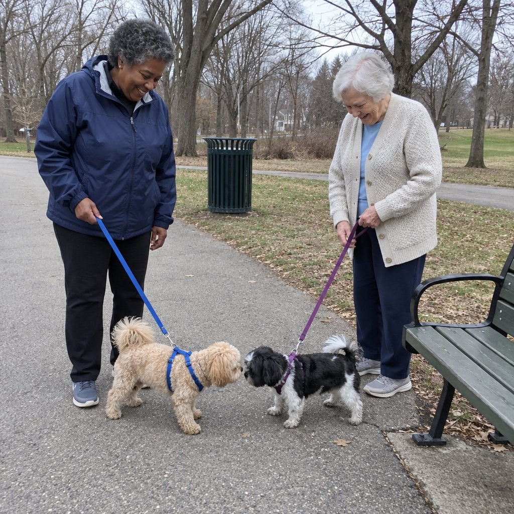 Two older women chatting at a park while their small dogs greet each other