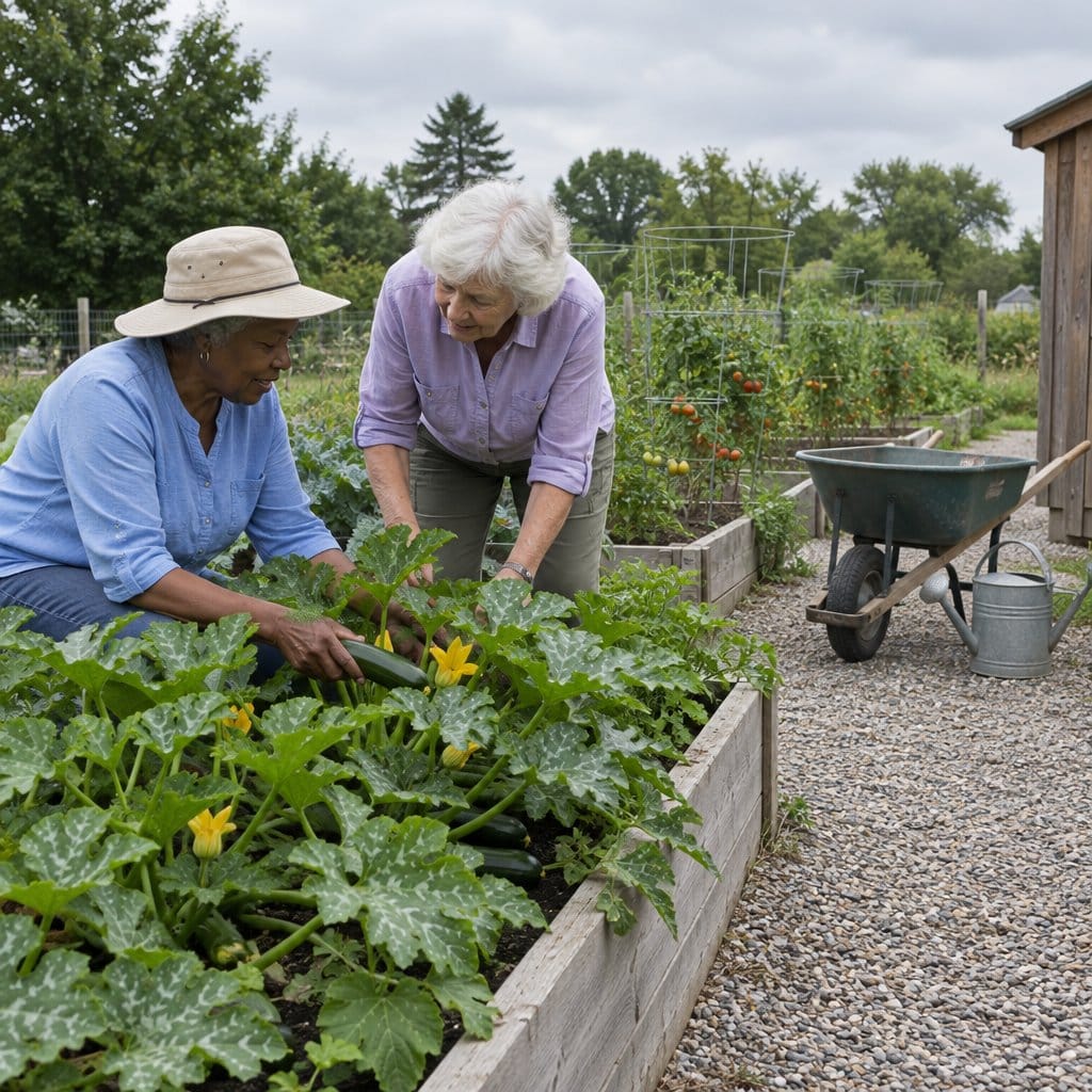 Two older women harvesting vegetables at a raised bed in a community garden