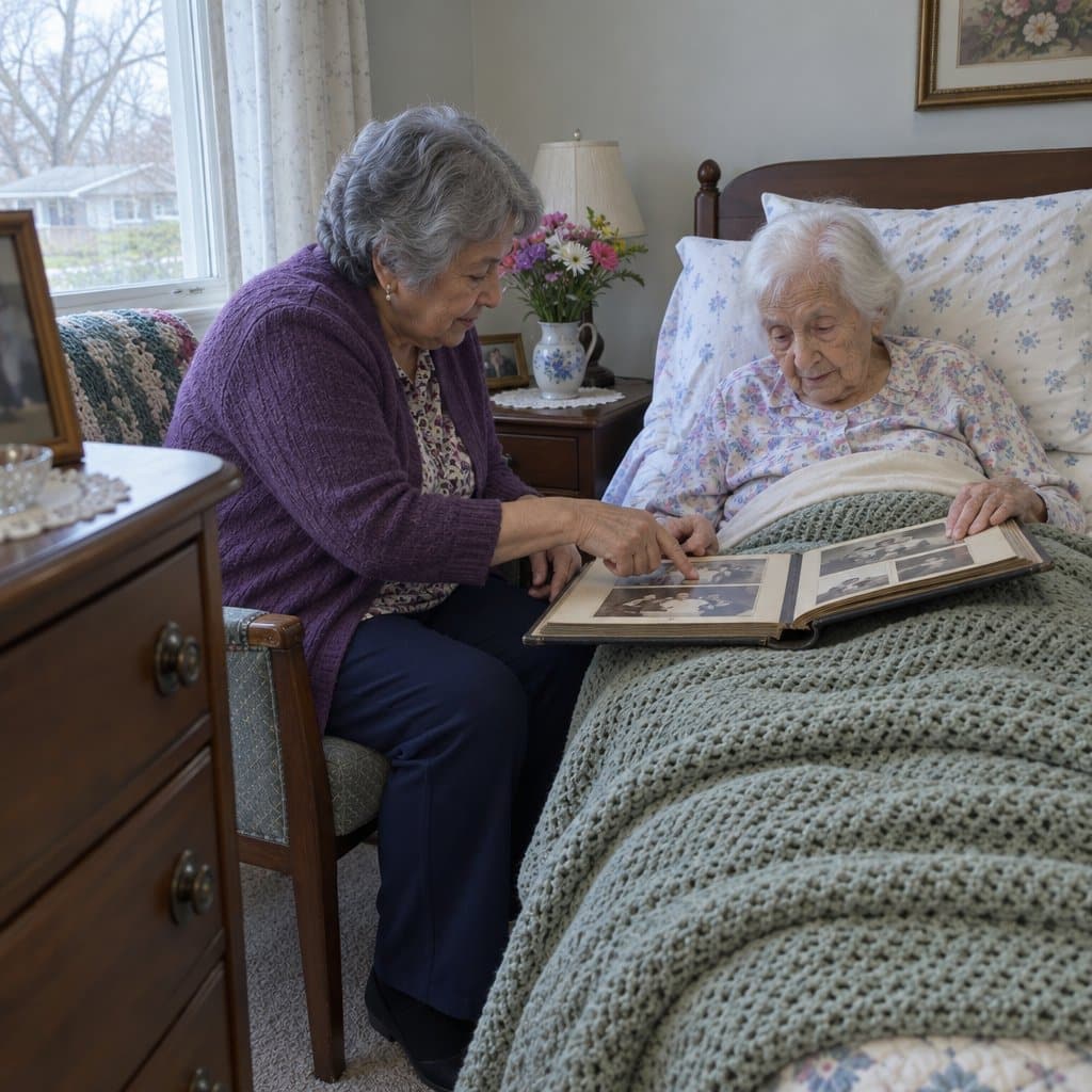 Two older women looking at an open photo album on the lap of a woman lying in bed