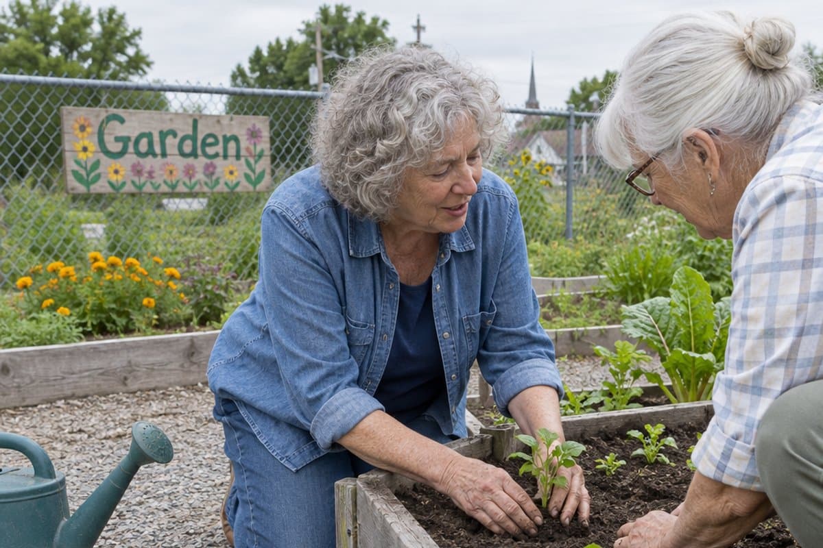 Two older women planting seedlings in a raised bed at a community garden