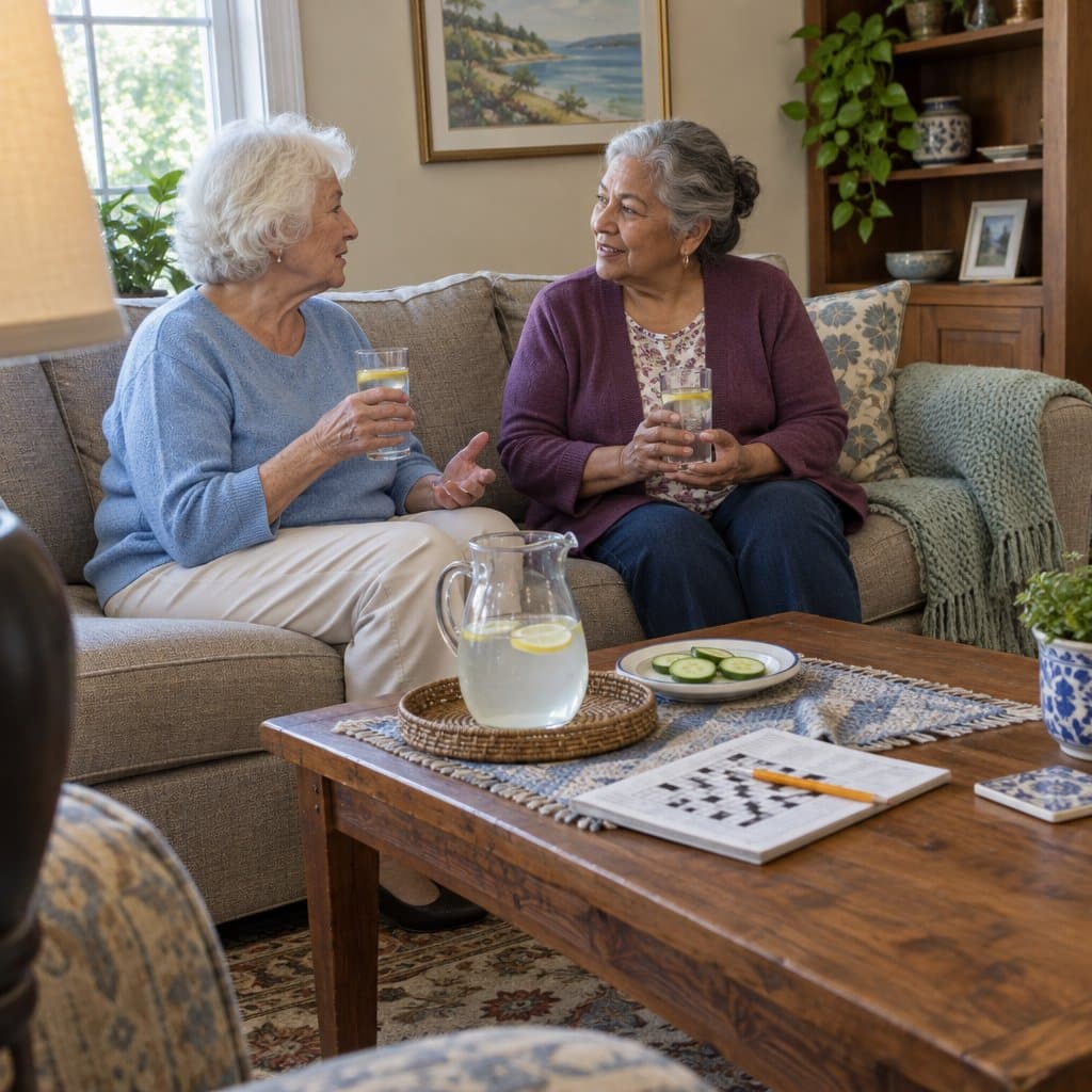 Two older women sitting on a sofa chatting while holding glasses of lemon water