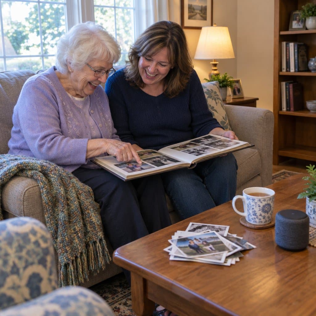 Two women on a sofa laughing over an open photo album with tea and loose photos on the table