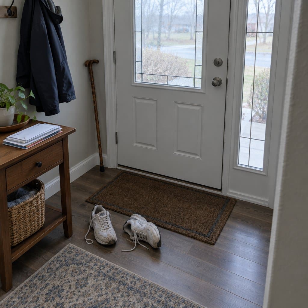 A pair of scuffed white walking shoes with undone laces on the floor by a front door.