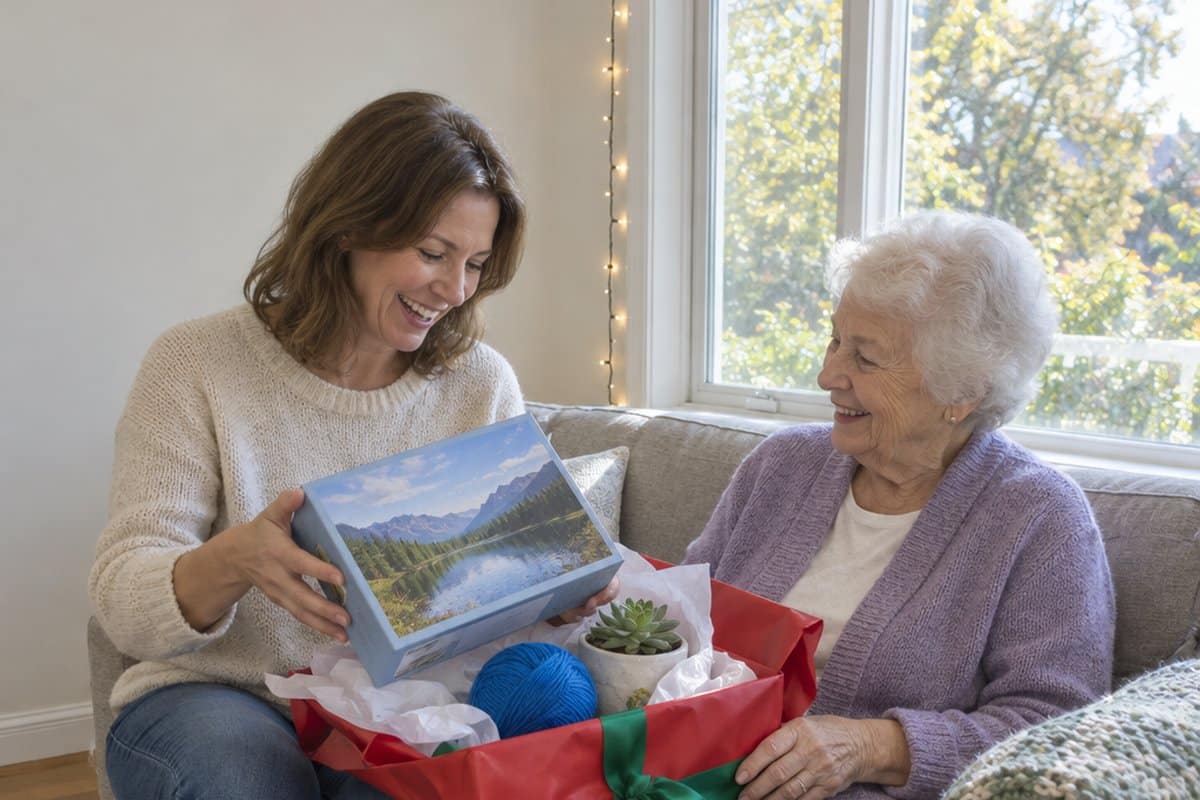 An older woman and her daughter on a sofa lifting a jigsaw puzzle, a tin of tea and a ball of yarn out of an open gift box with colorful tissue and a ribbon bow.