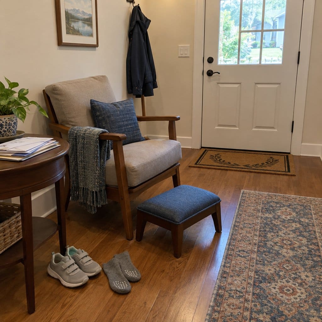 Hook-and-loop sneakers, grey non-skid socks and a footstool beside an armchair in an entryway