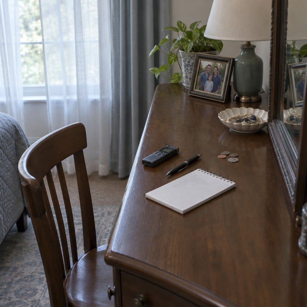 Small handheld voice recorder on a dresser beside a pen, coins and a notepad