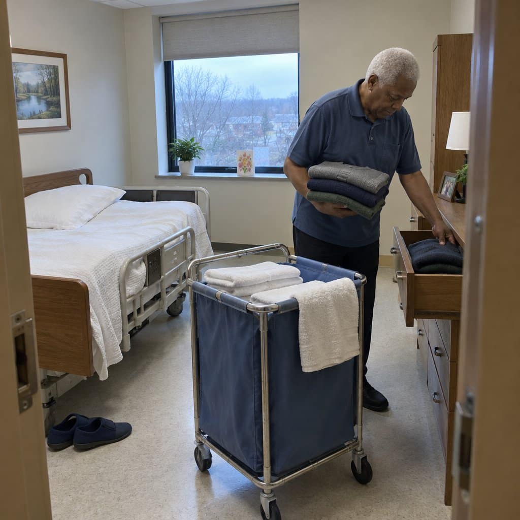 Man folding clean laundry and placing it in a dresser drawer in a nursing home room