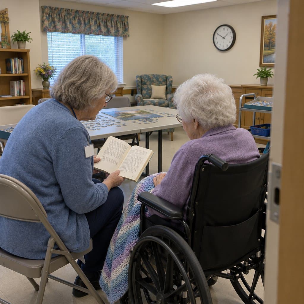 Older woman volunteer reading a book aloud to a resident in a wheelchair in a nursing home activity room