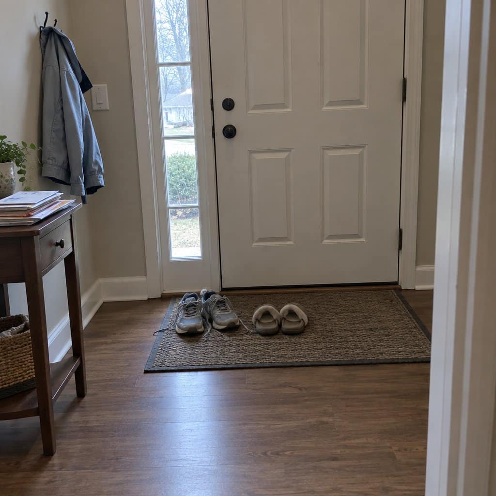 Worn walking sneakers on a mat beside the front door of a house
