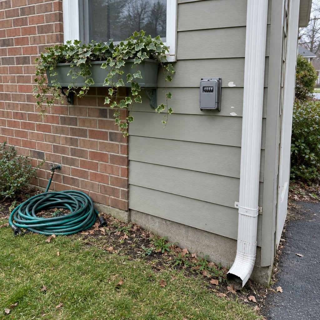Metal key lock box mounted on house siding next to a downspout and window box