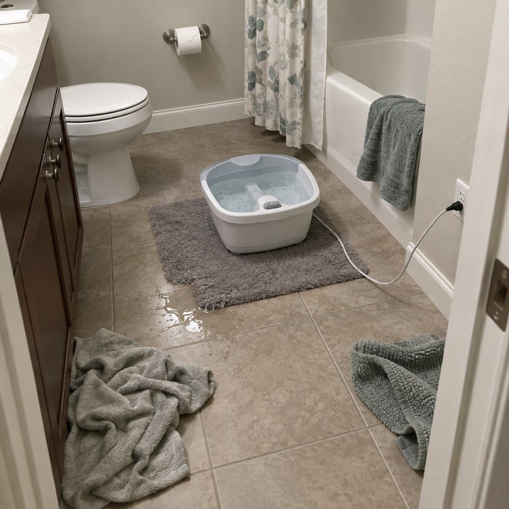 Foot spa basin on a wet bathroom floor with a power cord stretched across the tile