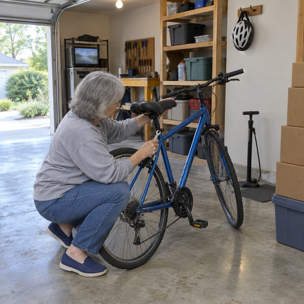 Older woman crouching in a garage adjusting a bicycle saddle with a wrench