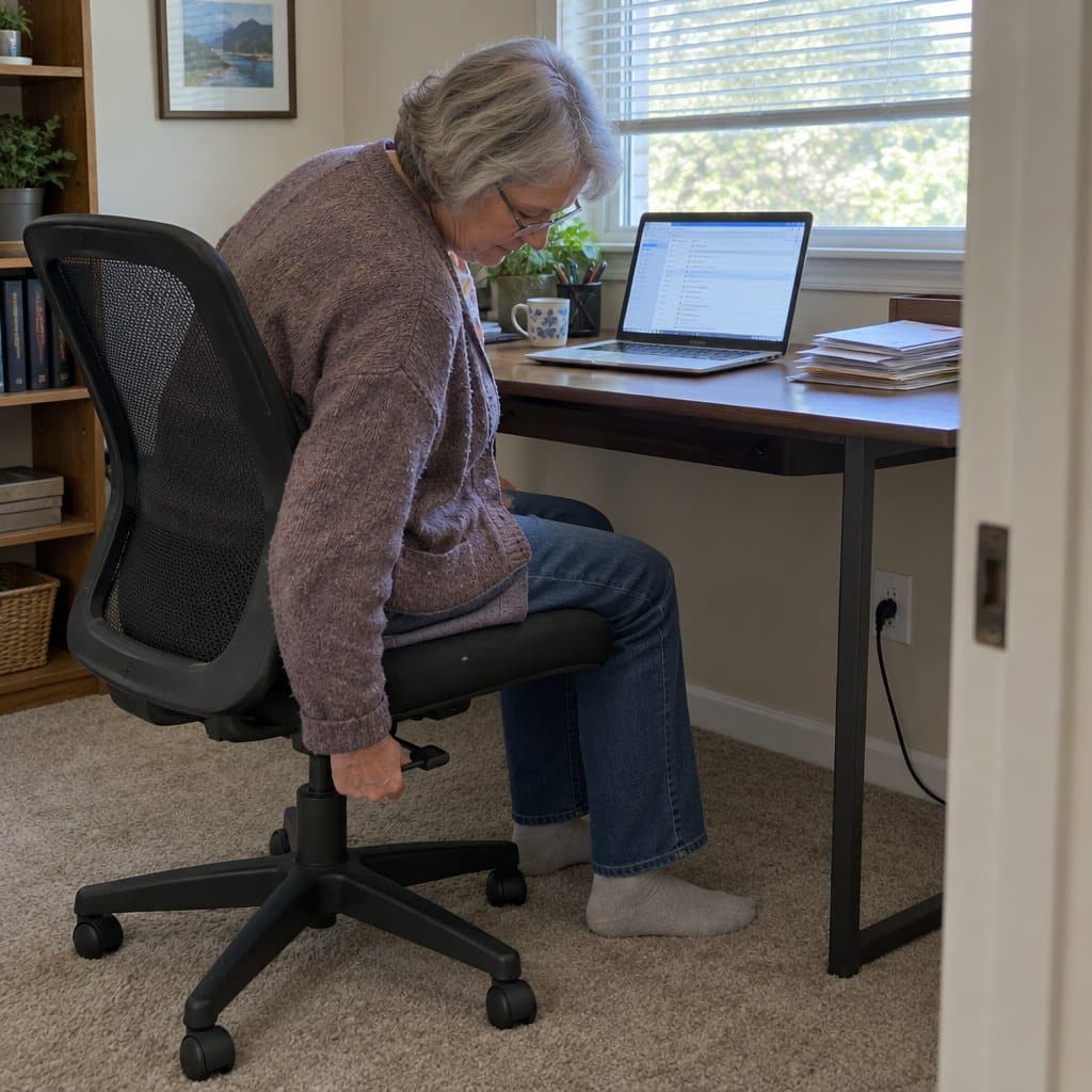 Older woman seated in a mesh office chair reaching under the seat to adjust the height lever at a home desk