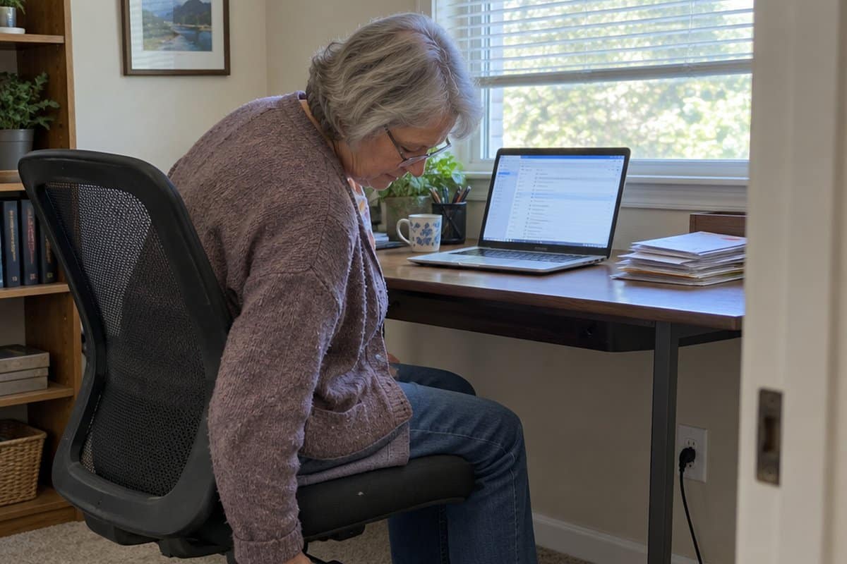 Older woman seated in a mesh office chair reaching under the seat to adjust the height lever at a home desk