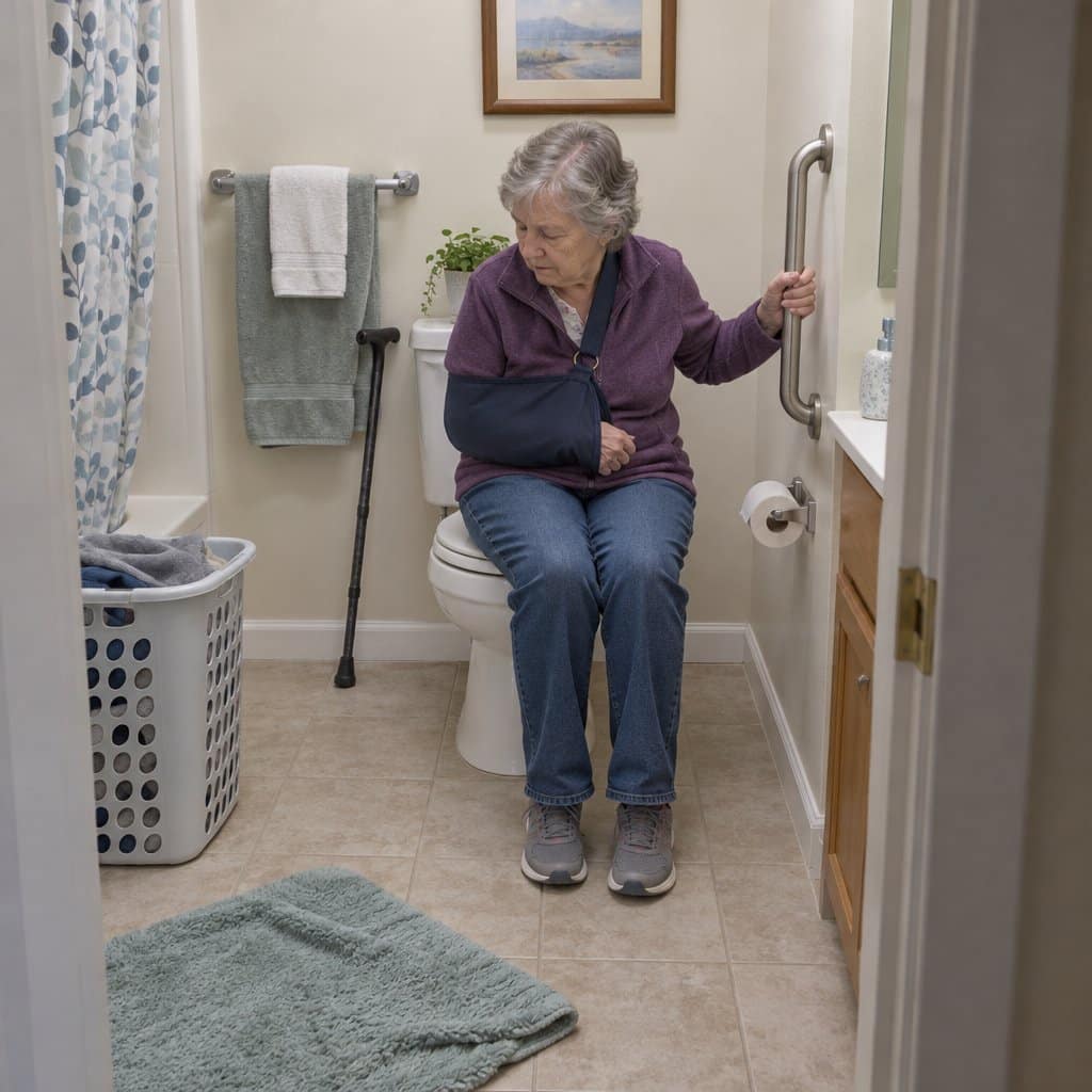 Older woman with her arm in a sling holding a bathroom grab bar