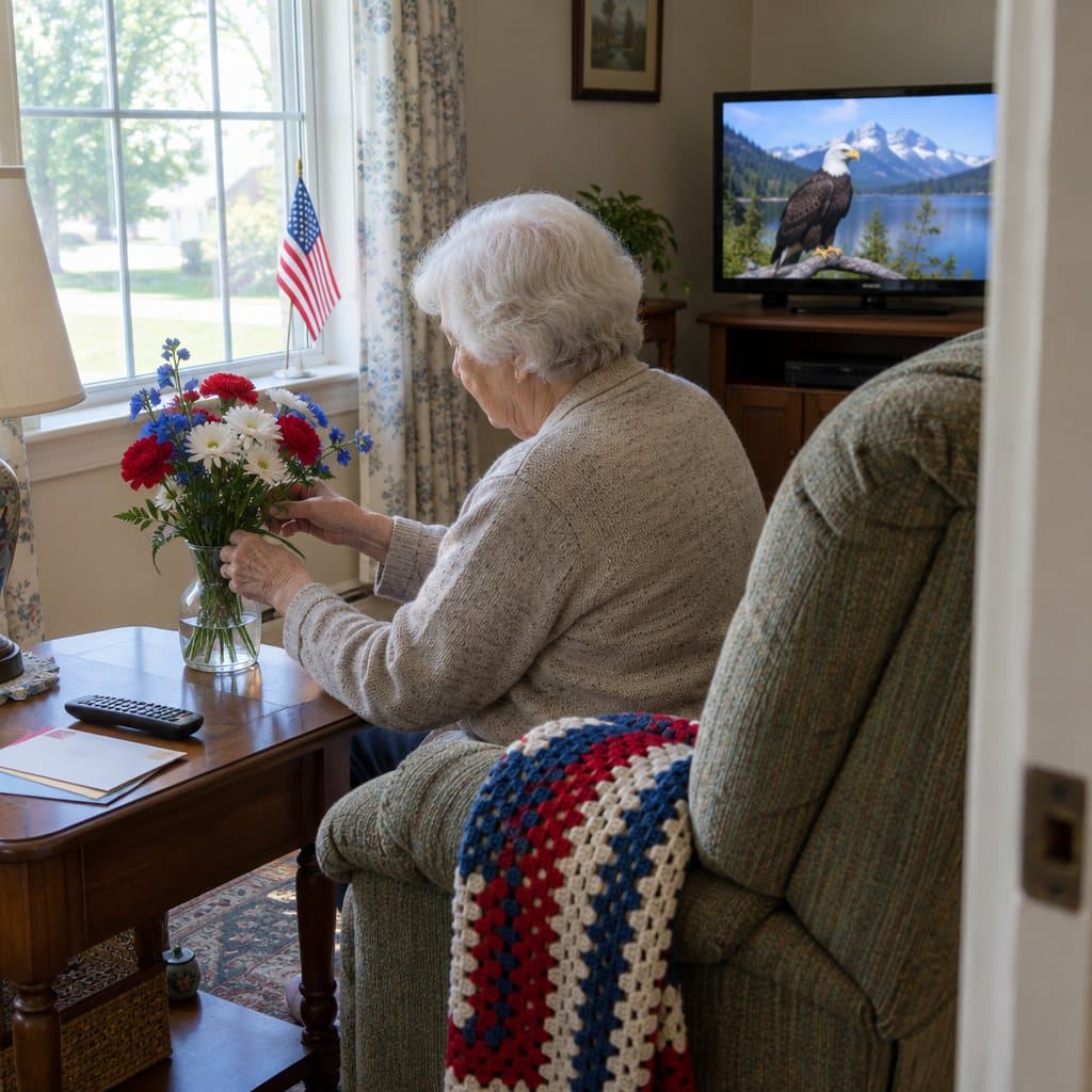 Older woman seated in an armchair arranging red, white and blue flowers in a vase near a window with a small flag