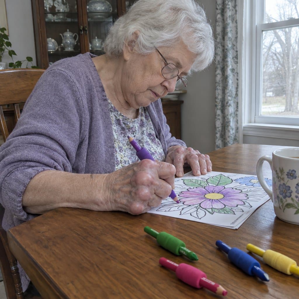 Older woman with white hair coloring a flower page with a thick foam-gripped pencil at a dining table