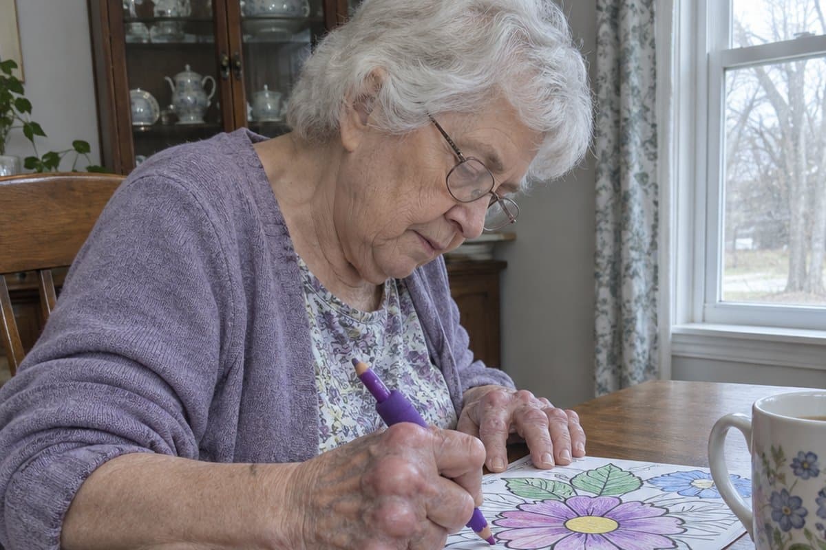 Older woman with white hair coloring a flower page with a thick foam-gripped pencil at a dining table