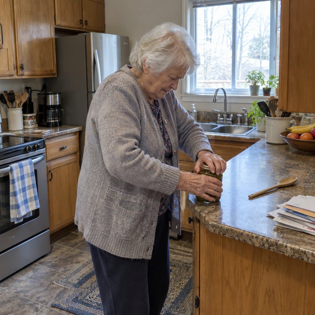 Older woman at a kitchen counter struggling to open a jar with stiff hands