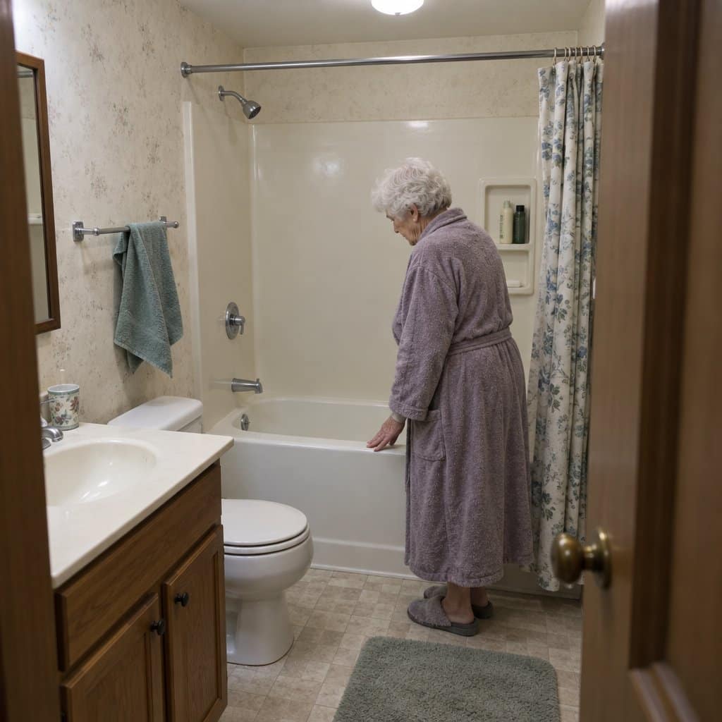 Older woman in a bathrobe standing at the edge of a bathtub looking down before stepping in