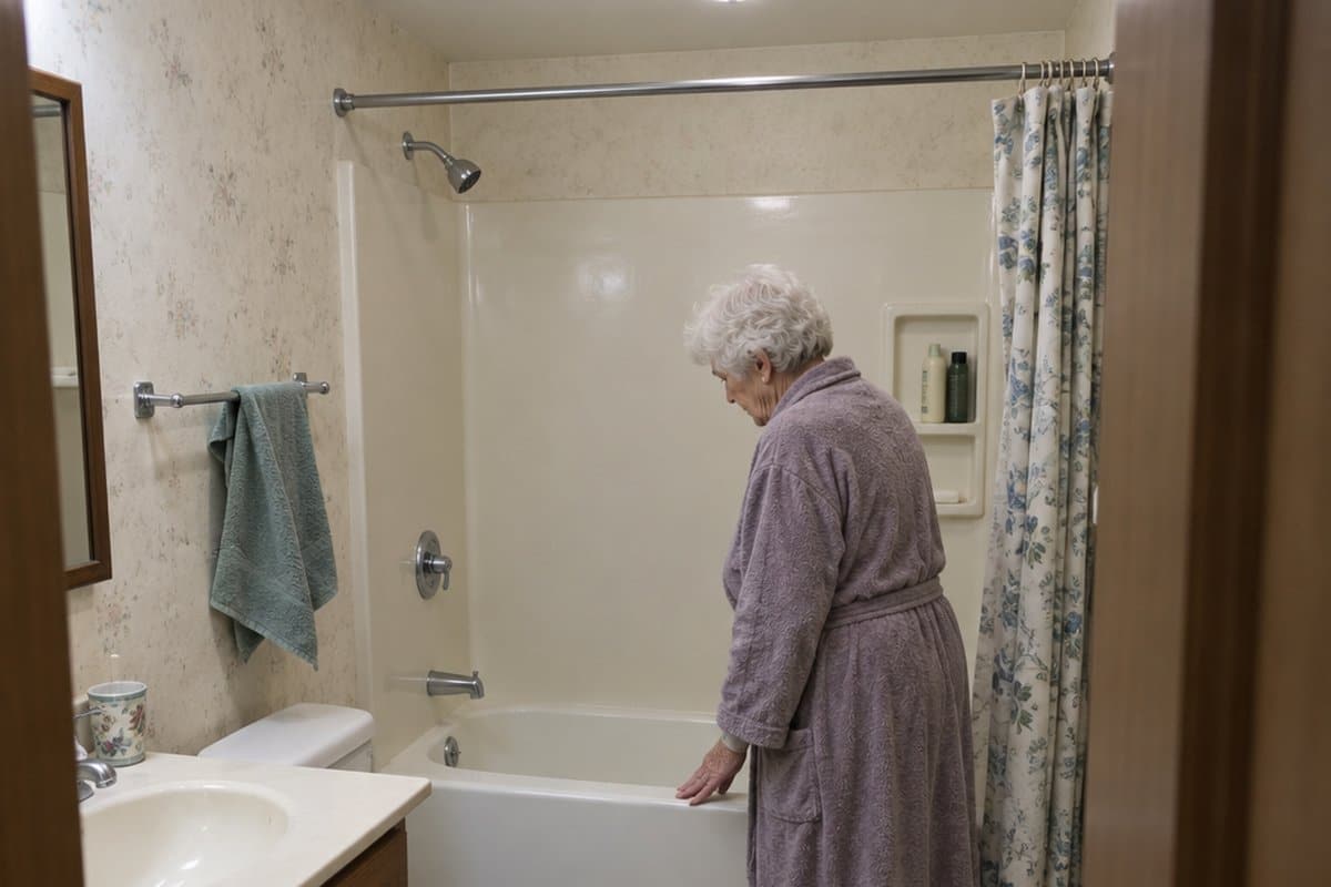 Older woman in a bathrobe standing at the edge of a bathtub looking down before stepping in