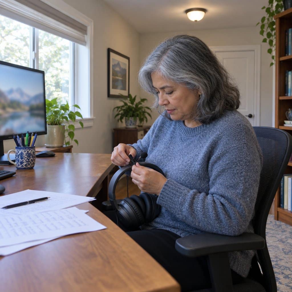 Older woman at a desk attaching a small boom microphone to over-ear headphones