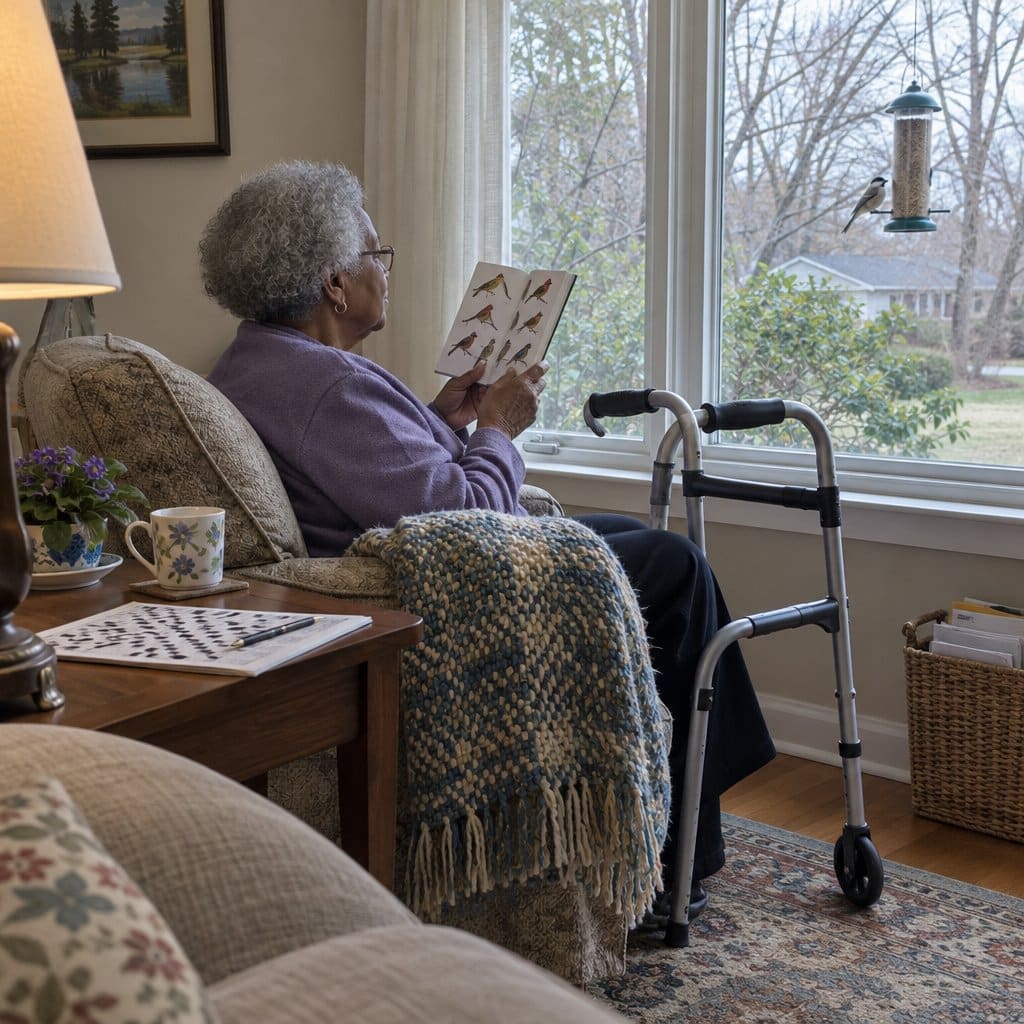 Older woman in an armchair by a window with a walker nearby, watching birds outside