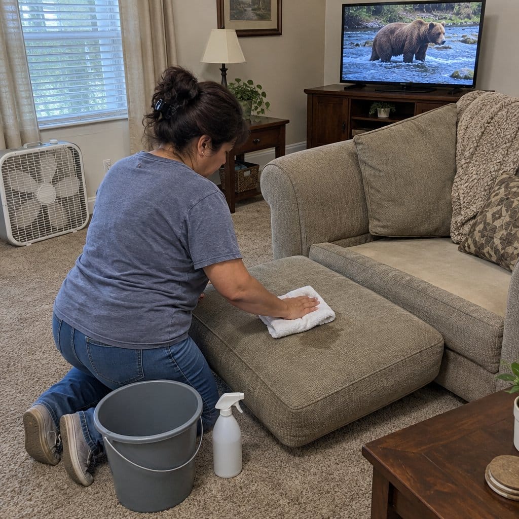 Woman kneeling by a sofa blotting a damp cushion with a towel