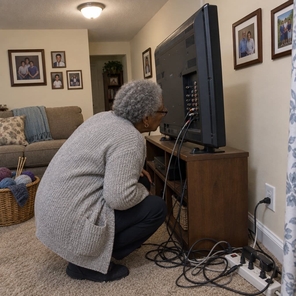 Older woman crouching to look at the audio ports on the back of a television