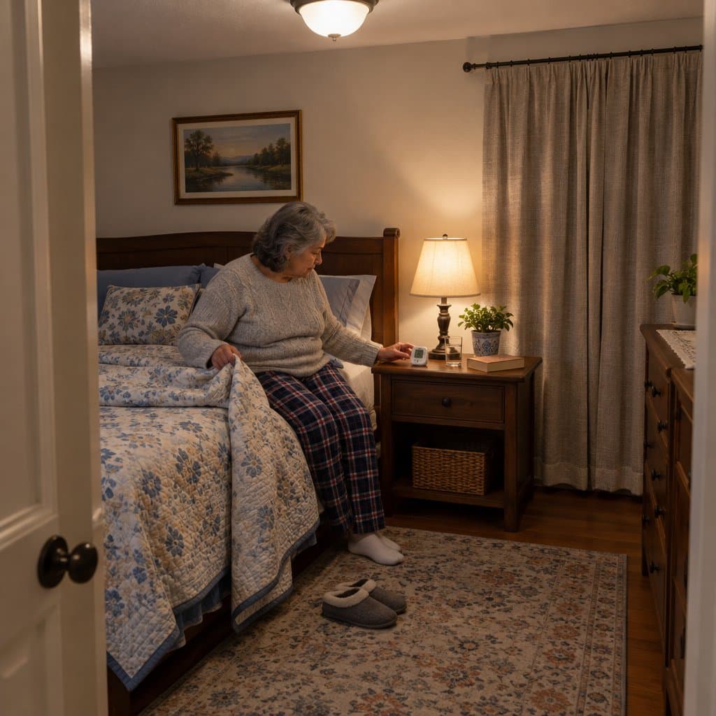 Older woman on the edge of her bed looking at a small digital thermometer on the nightstand