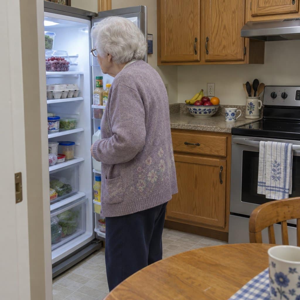An older woman in a cardigan looking into an open refrigerator in her kitchen.