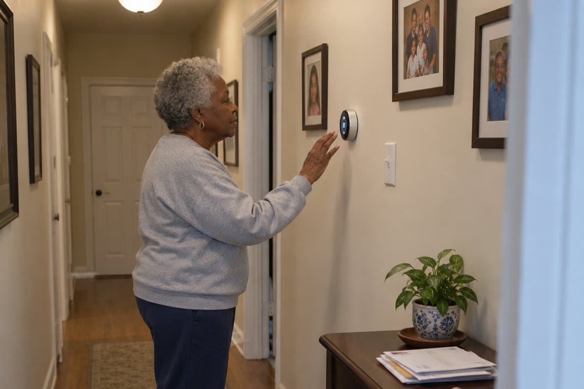Older woman in a sweatshirt looking at a round wall thermostat in a hallway
