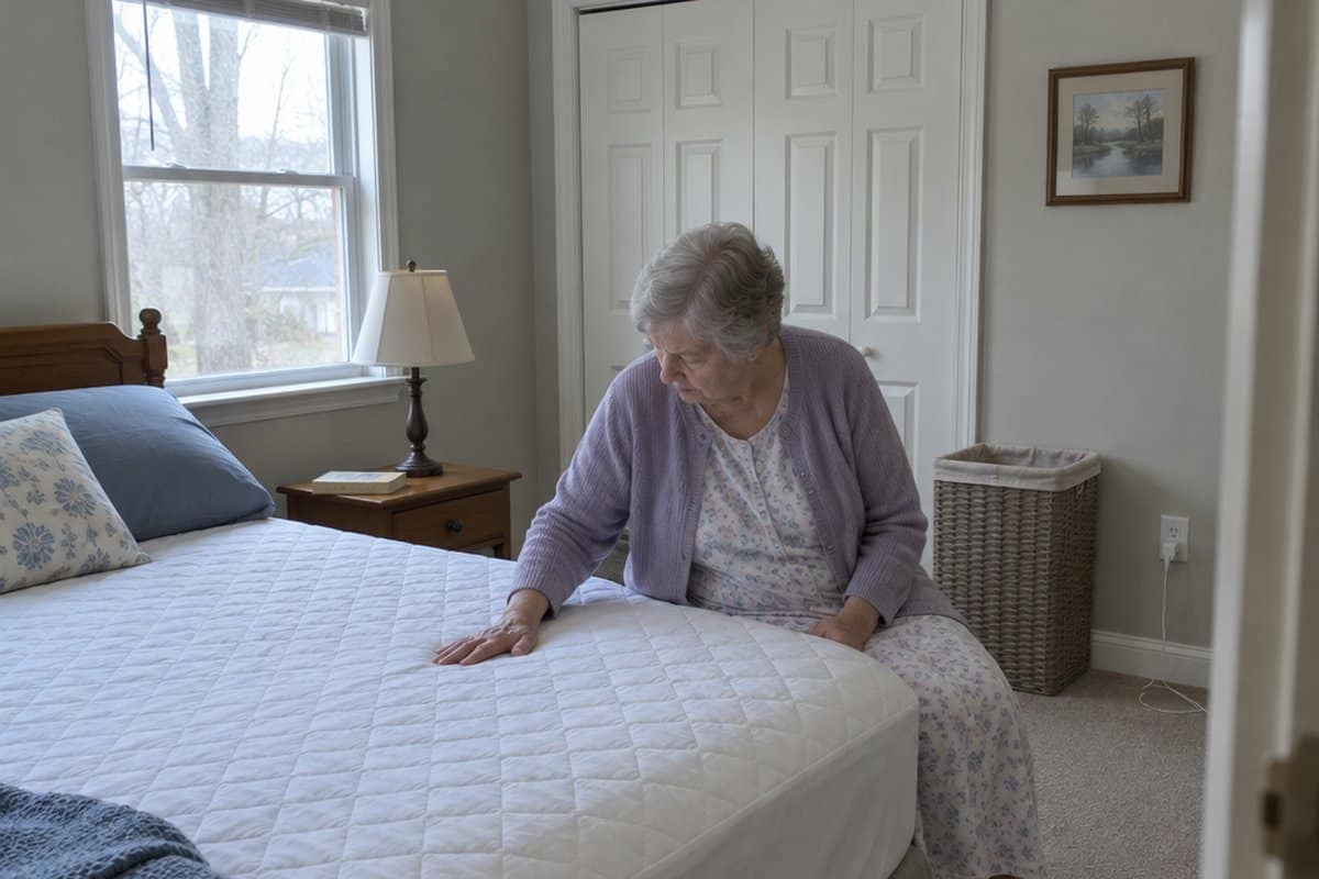 Older woman sitting on the edge of a bed pressing her hand on a quilted mattress cover