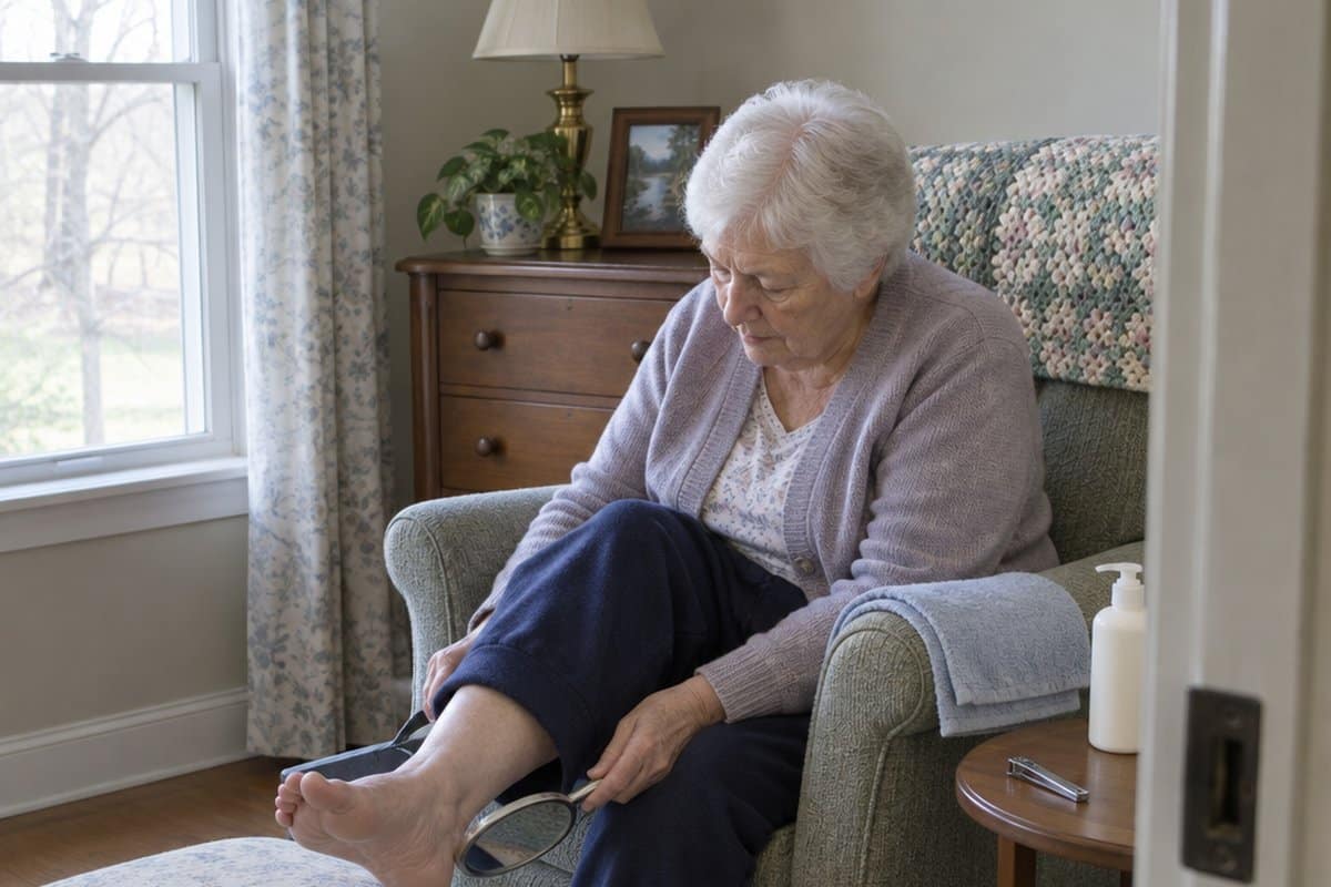 Older woman seated in an armchair using a small hand mirror to look at the sole of her foot