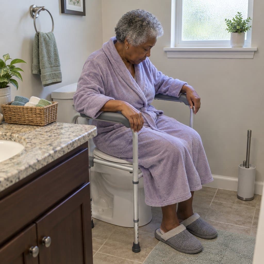 Older woman resting her forearms on the arms of a toilet safety frame to check height