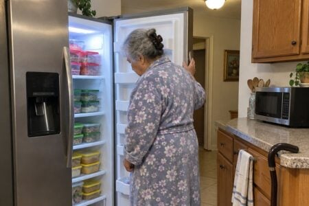 Older woman looking into an open freezer with containers sorted by red, green and yellow lids