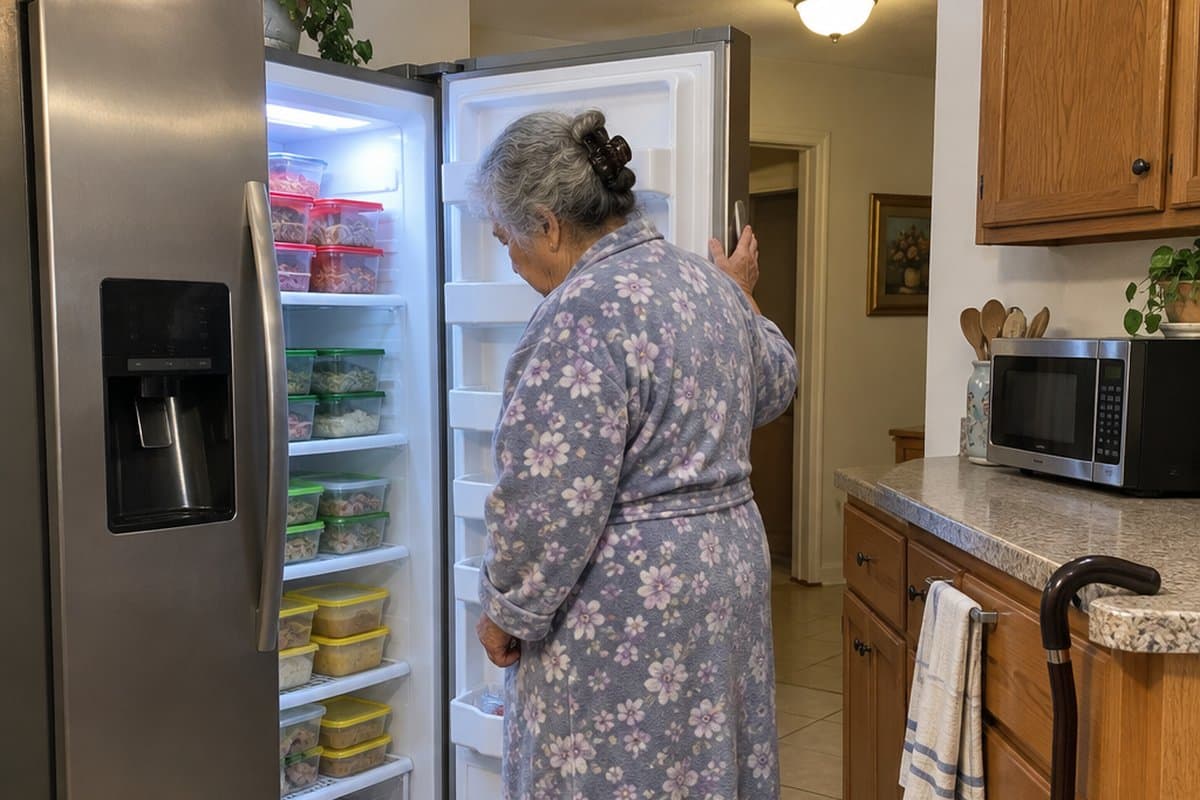Older woman looking into an open freezer with containers sorted by red, green and yellow lids