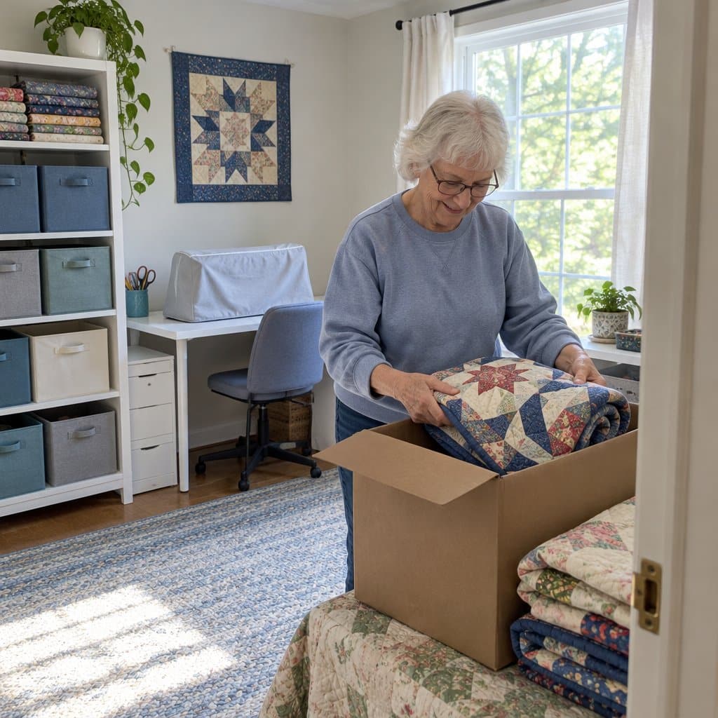 Older woman folding a quilt into a donation box in a bright craft room